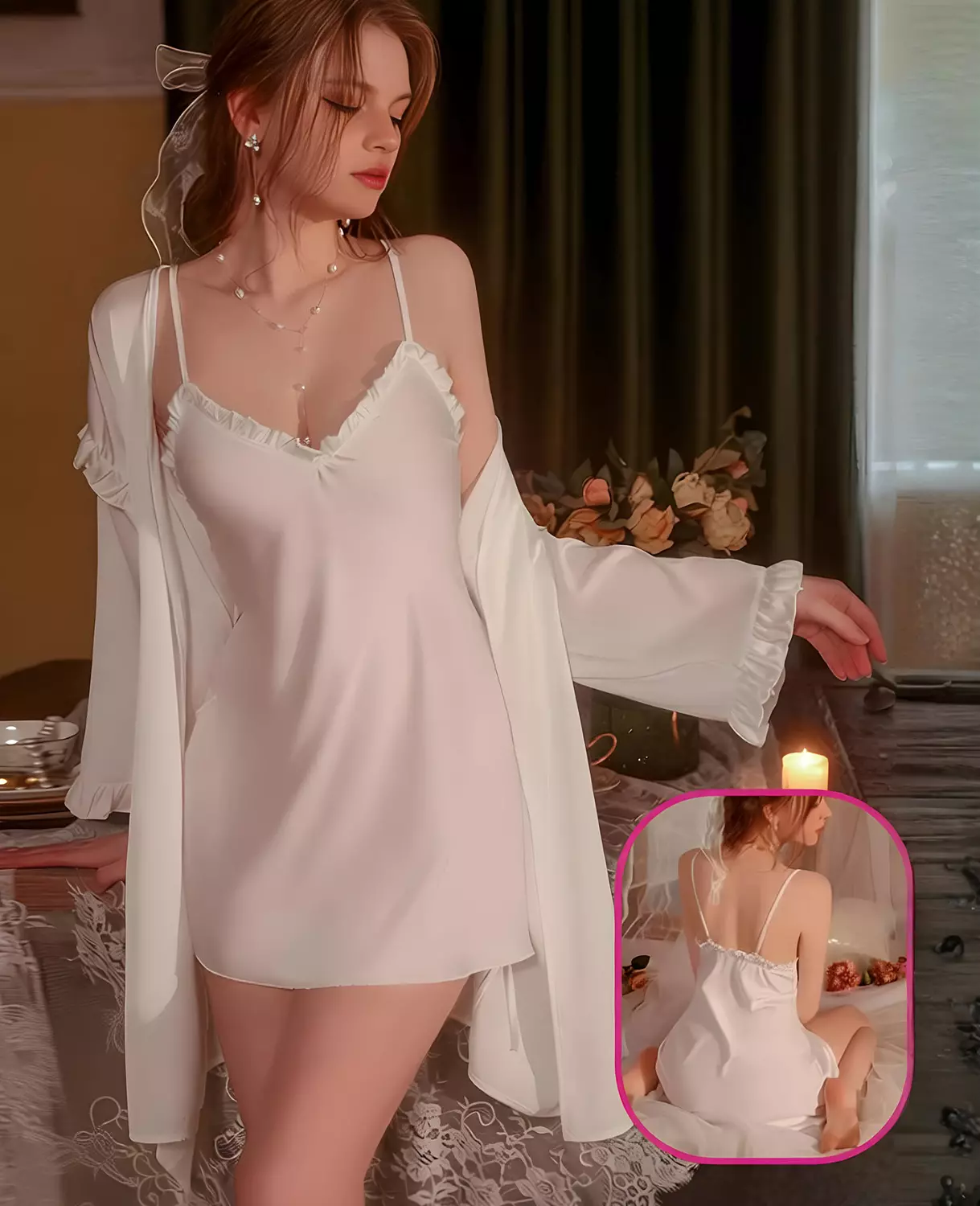  2-Piece Ruffled Satin Chemise & Robe 5