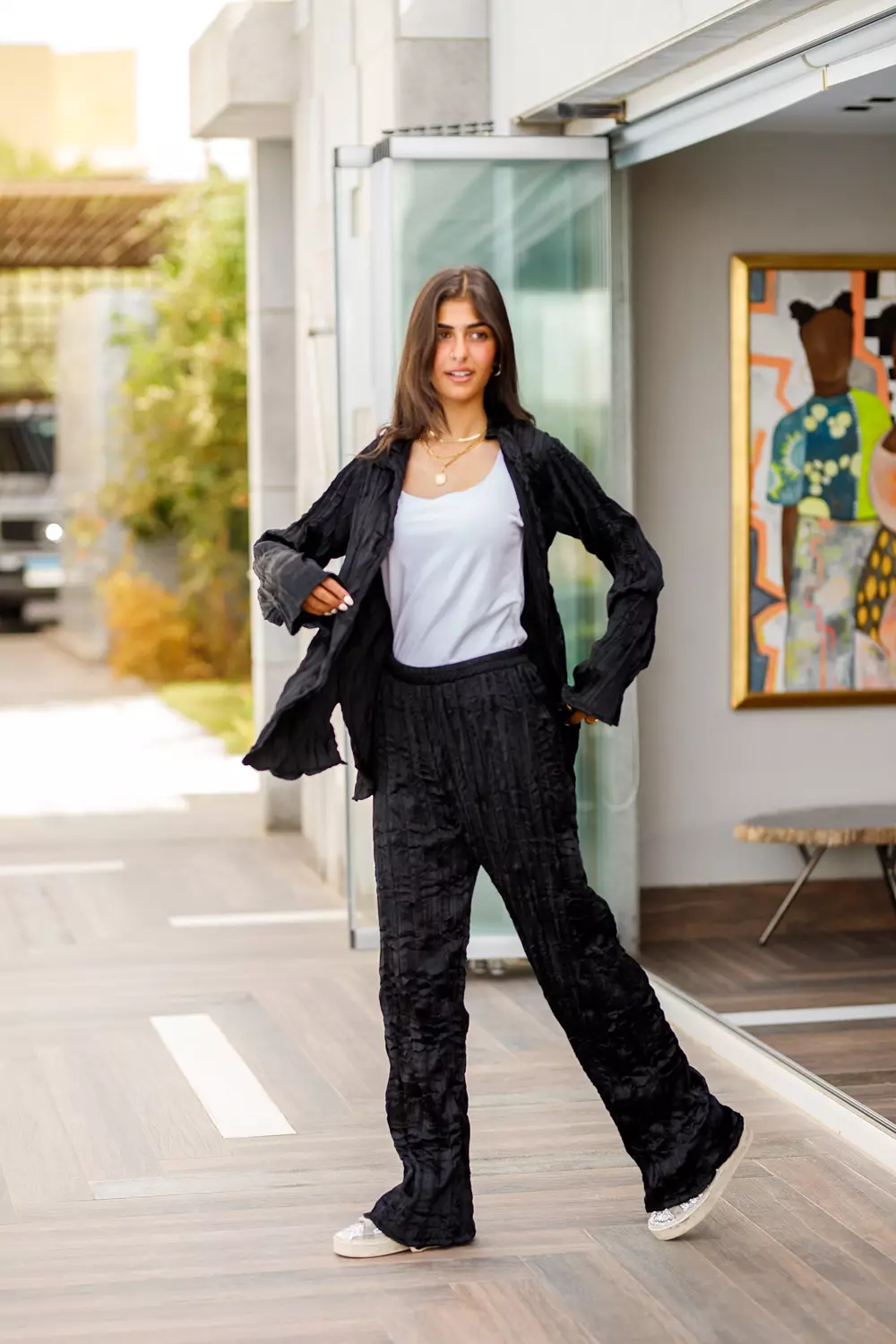 Black crushed satin pants set image