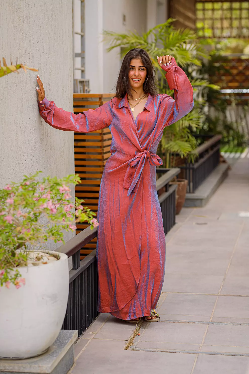 Orange shimmer wrap dress hover image