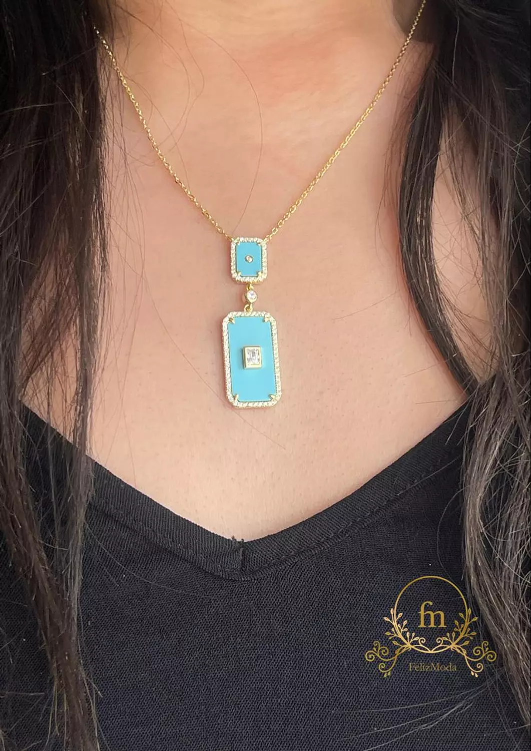 Two Fayrouz rectangle stones silver necklace gold plated image