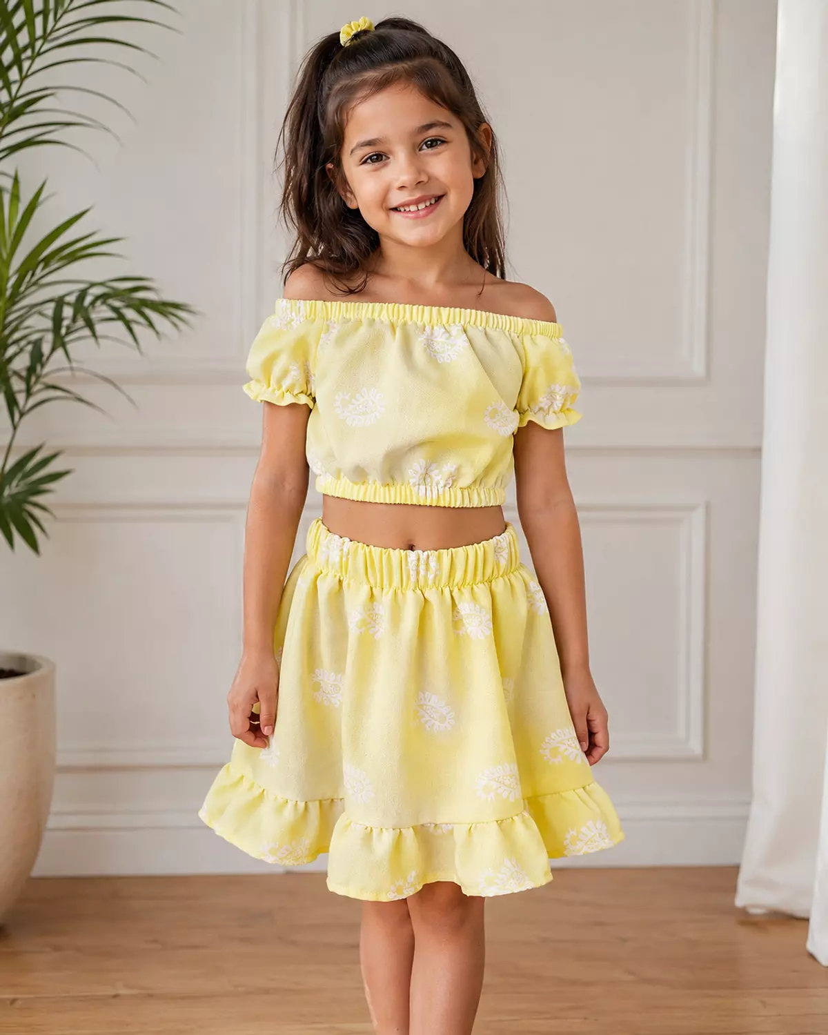 Girls’ Paisley Print Off-Shoulder Top and Ruffle Skirt Set 3