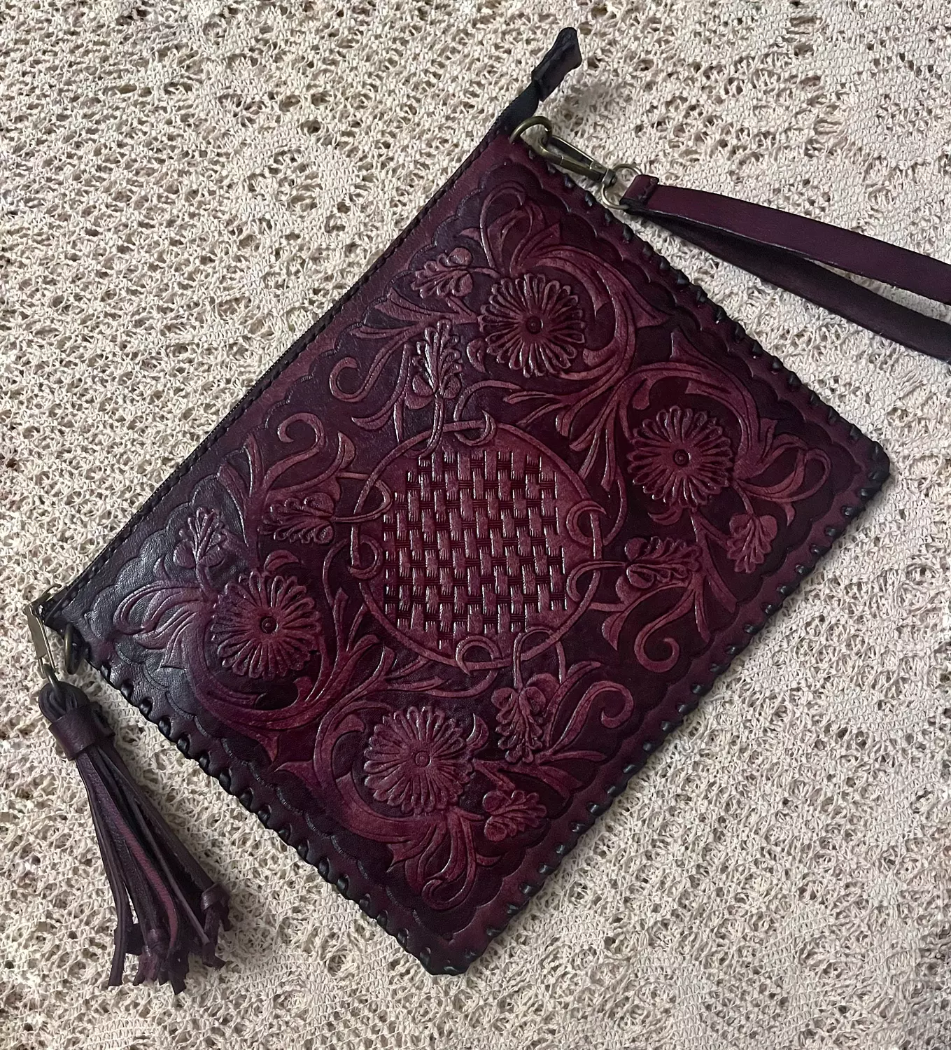 Floral basket tooled leather clutch 7