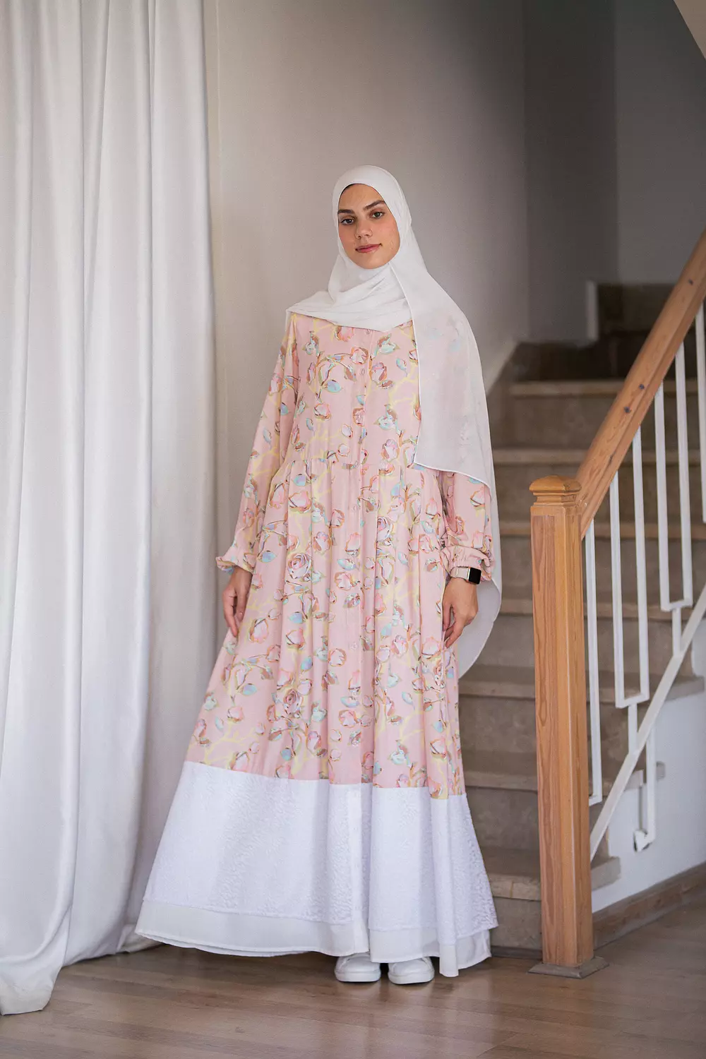 Pink Floral Crepe Dress with Tulle Trim image