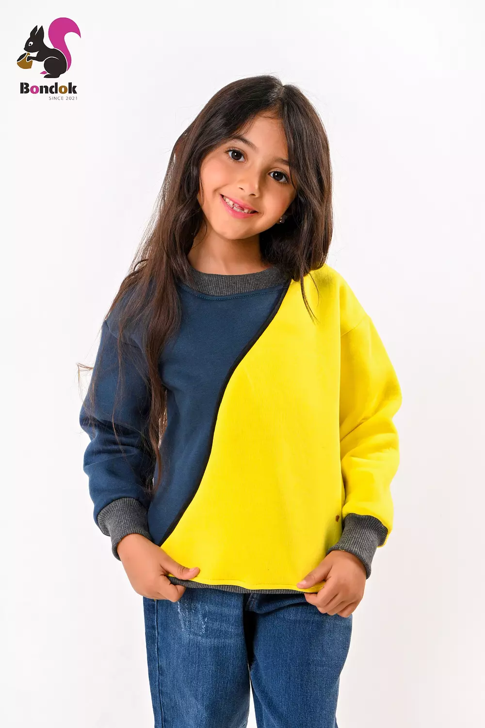 Bondok Girls Color-Block Sweatshirt – Warm Malton Fleece, Rib Neck & Cuffs – Winter Top (3–14 Years) – Orange/Yellow, Navy/Yellow, Peach/Red image
