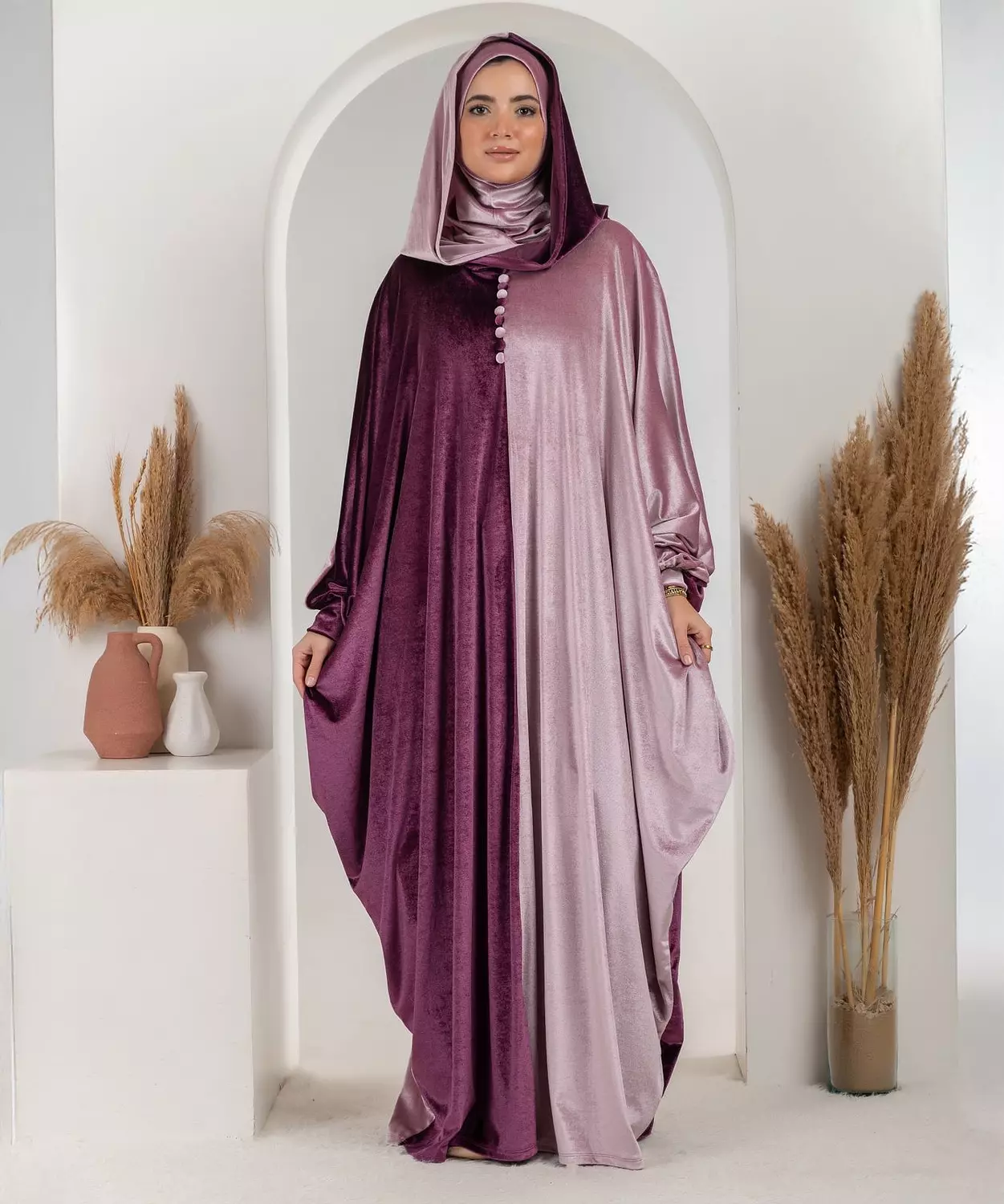 Bicolour Velvet Abaya-Viloet/Taffy 2