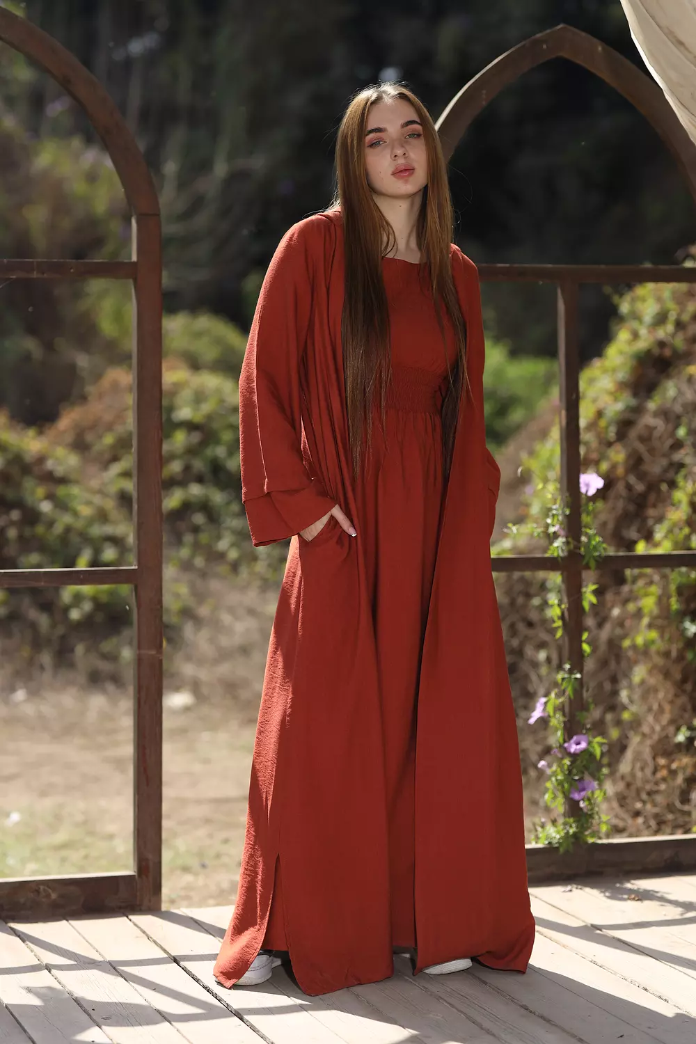 Hooded Linen Cardigan - Dark Orange image