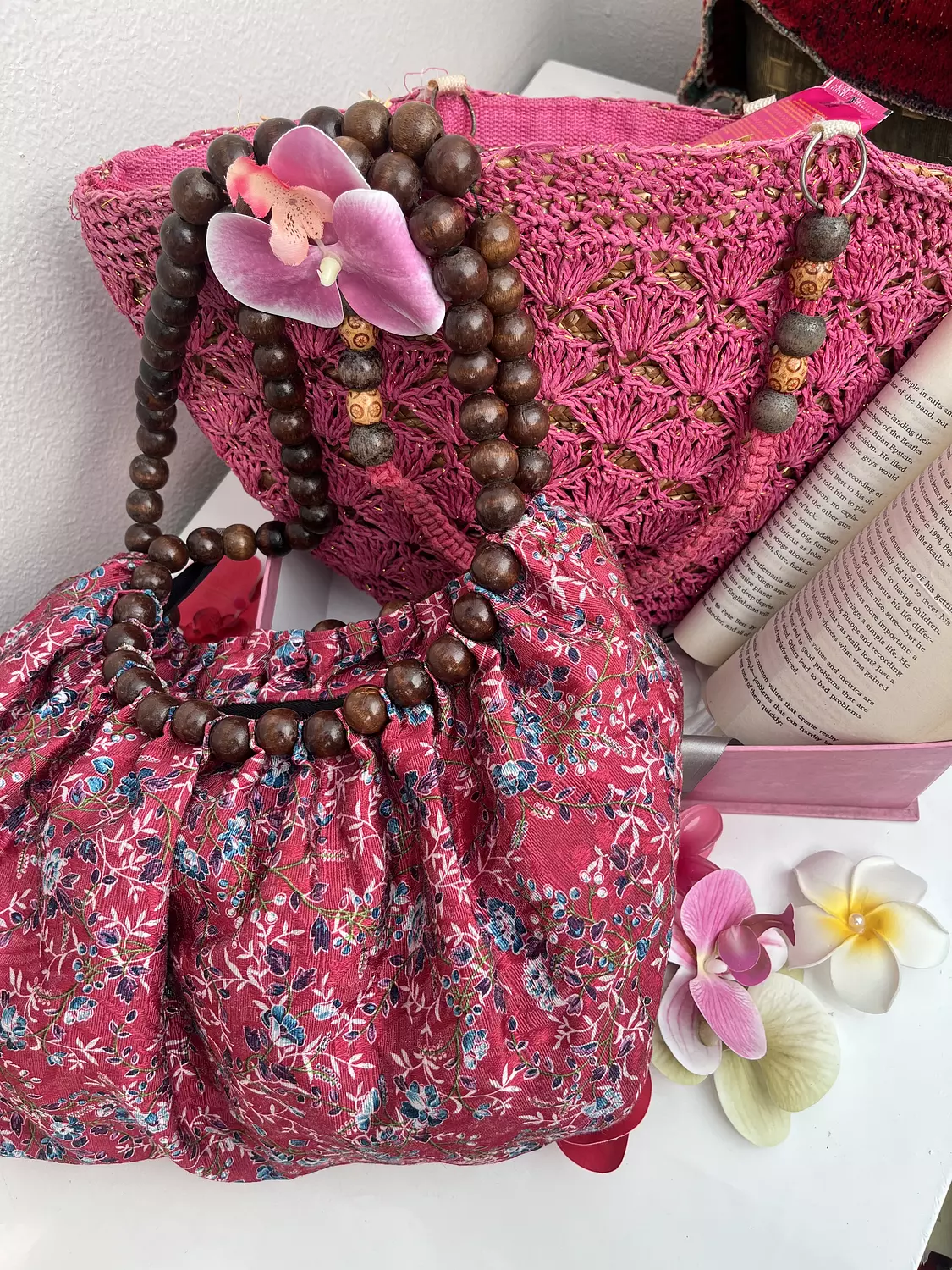Vintage Beaded pink beach bag hover image