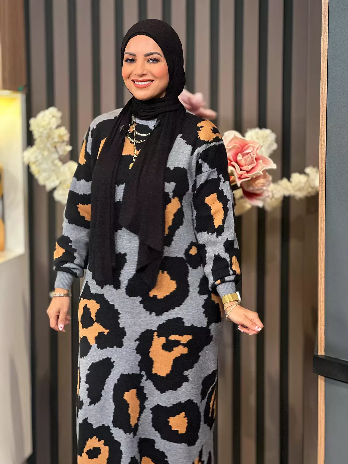 Tiger Printed Knitted Dress - Gray and Camel  3