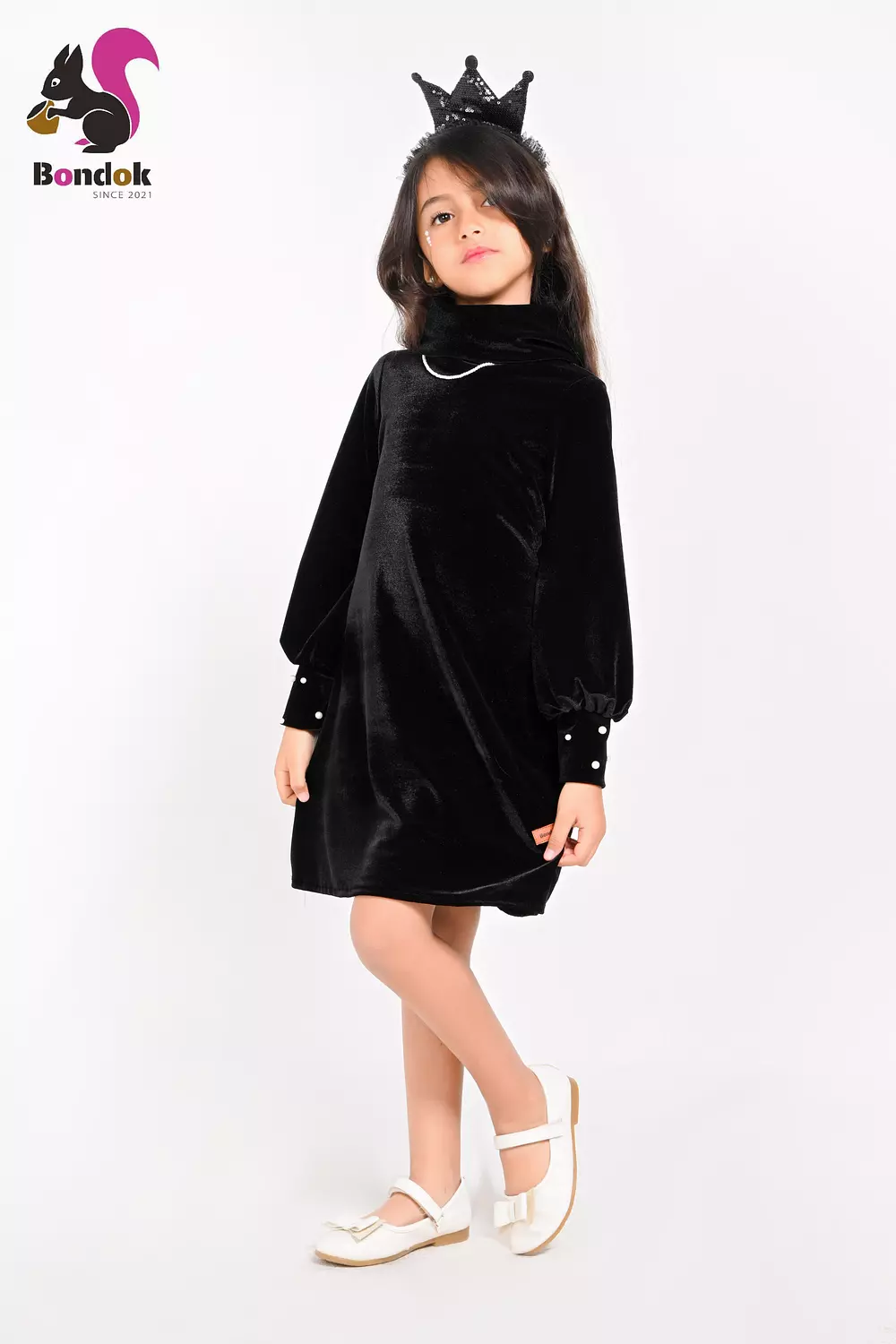 Pearl Slim Dress for Girls, Velvet Long Sleeve (RED, BLACK, EMERALD GREEN, NAVY BLUE AND DEEP FUCHSIA) 2