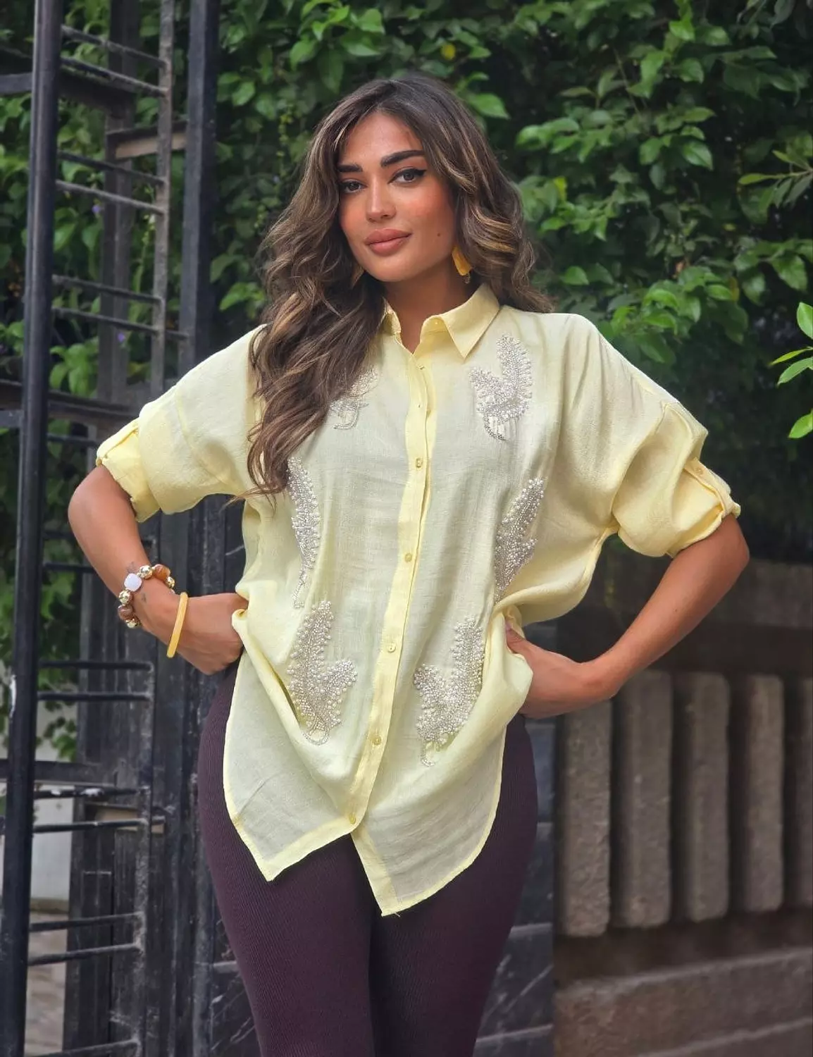 Yellow leaflets embroidered shirt 3