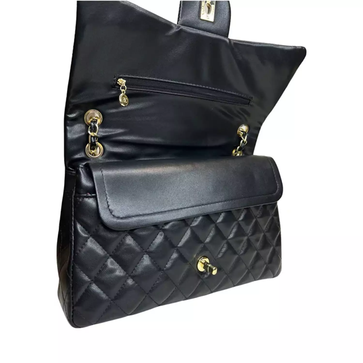  black Chanel Classic Flap Bag in quilted leather with gold-tone hardware.  2