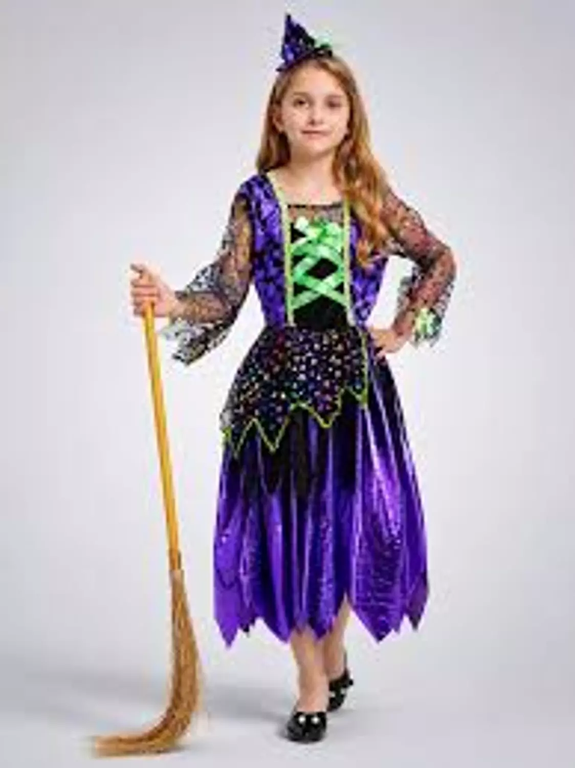 Girls Witch Halloween Costume with Hat, Purple & Black 2