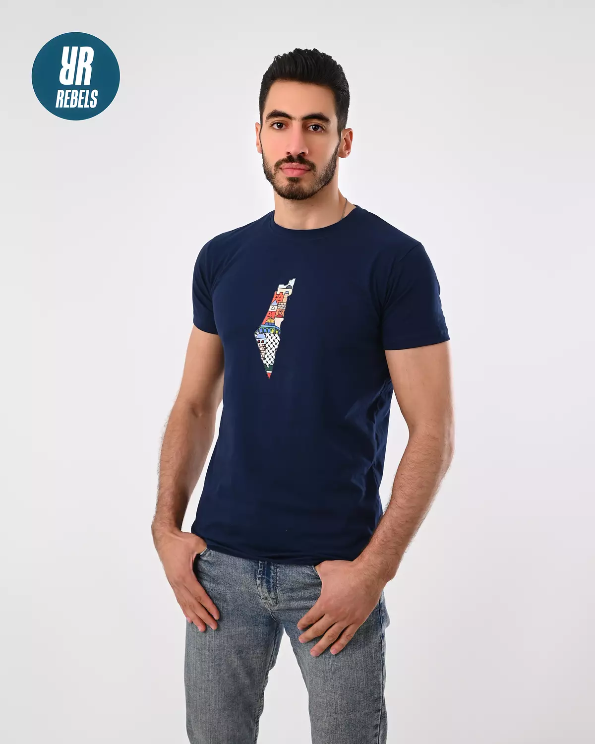 Navy Blue T-shirt -  colored Palestine map  3