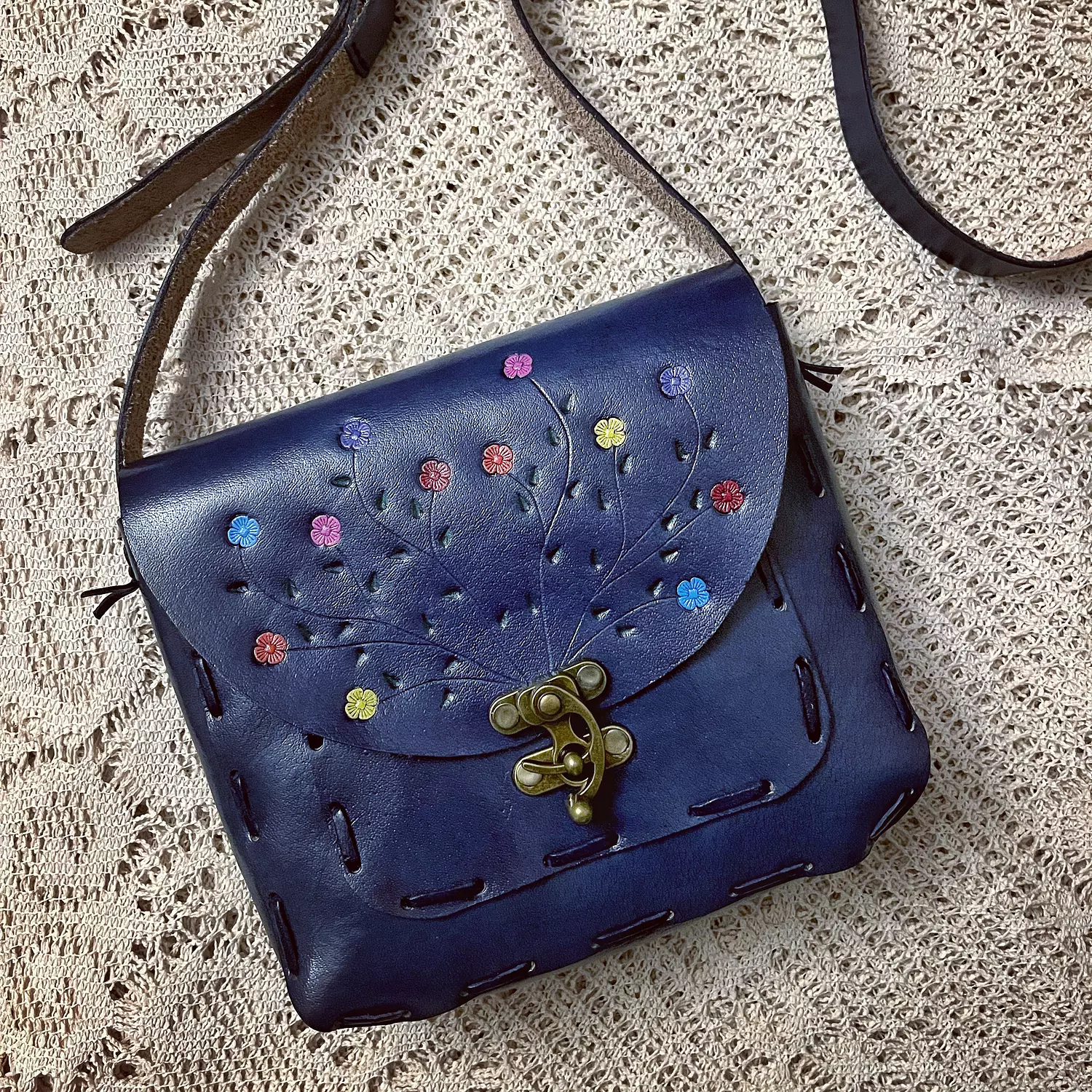 Hand painted yellow-blue flowers leather bag 4
