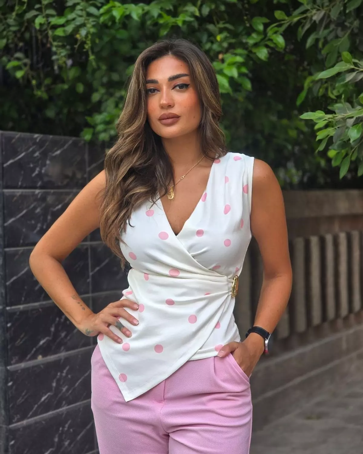 Pink polka top w gold accessory  hover image