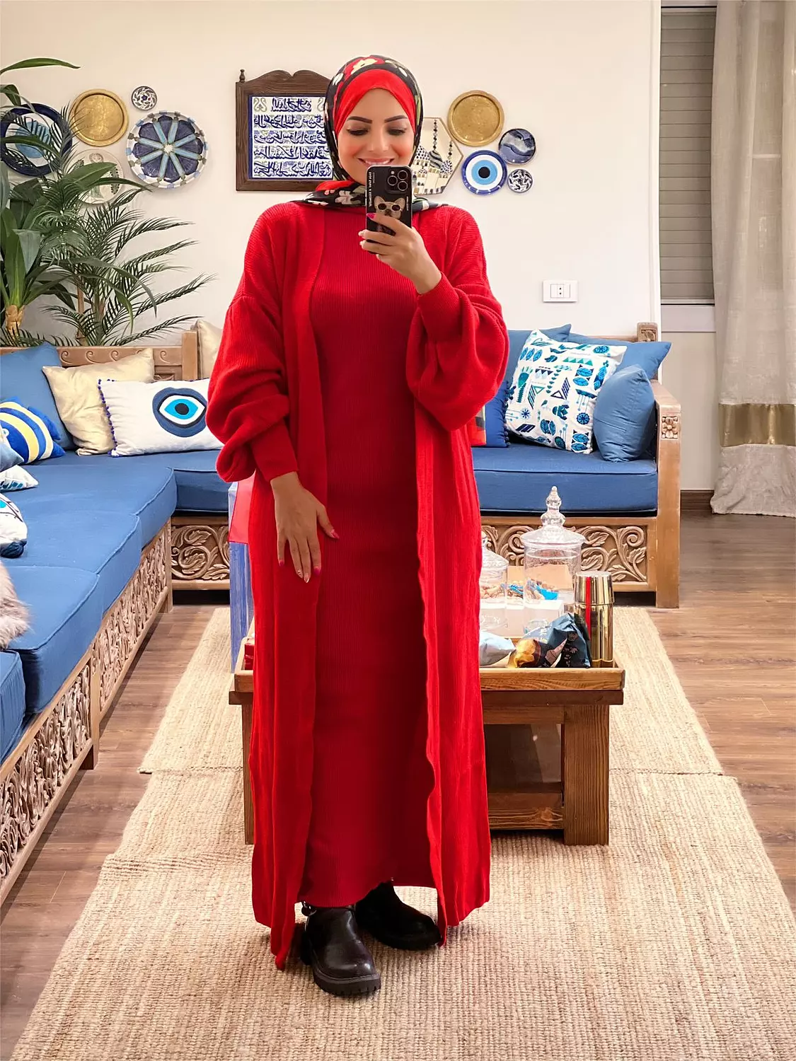 Knitted High-cool Plain Basic Dress - Red image