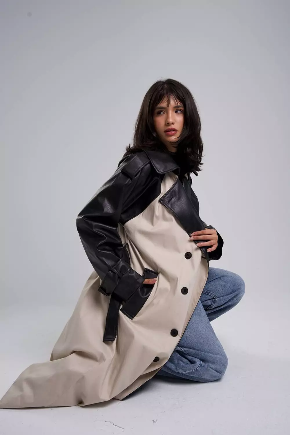 Leather*Gabardine Trench coat  5