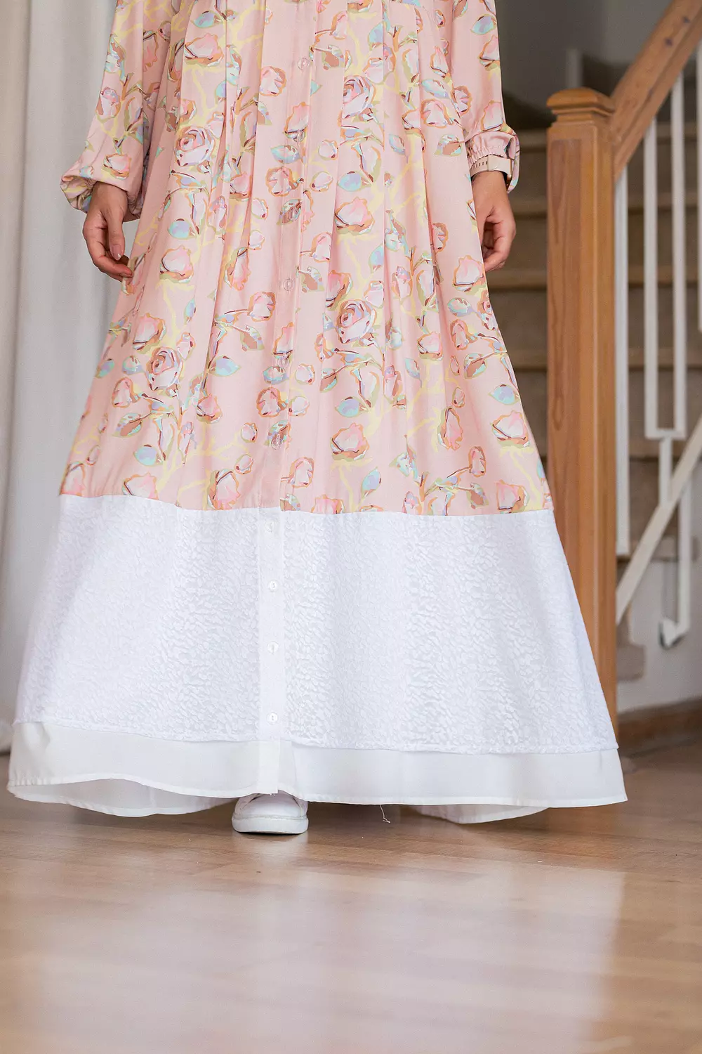 Pink Floral Crepe Dress with Tulle Trim 3