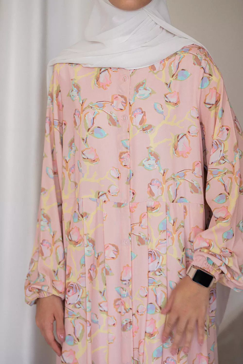 Pink Floral Crepe Dress with Tulle Trim 2