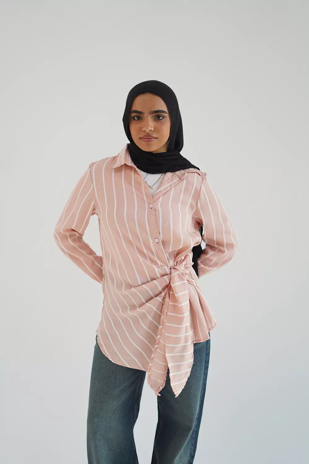 Pink long striped shirt with side tie hover image