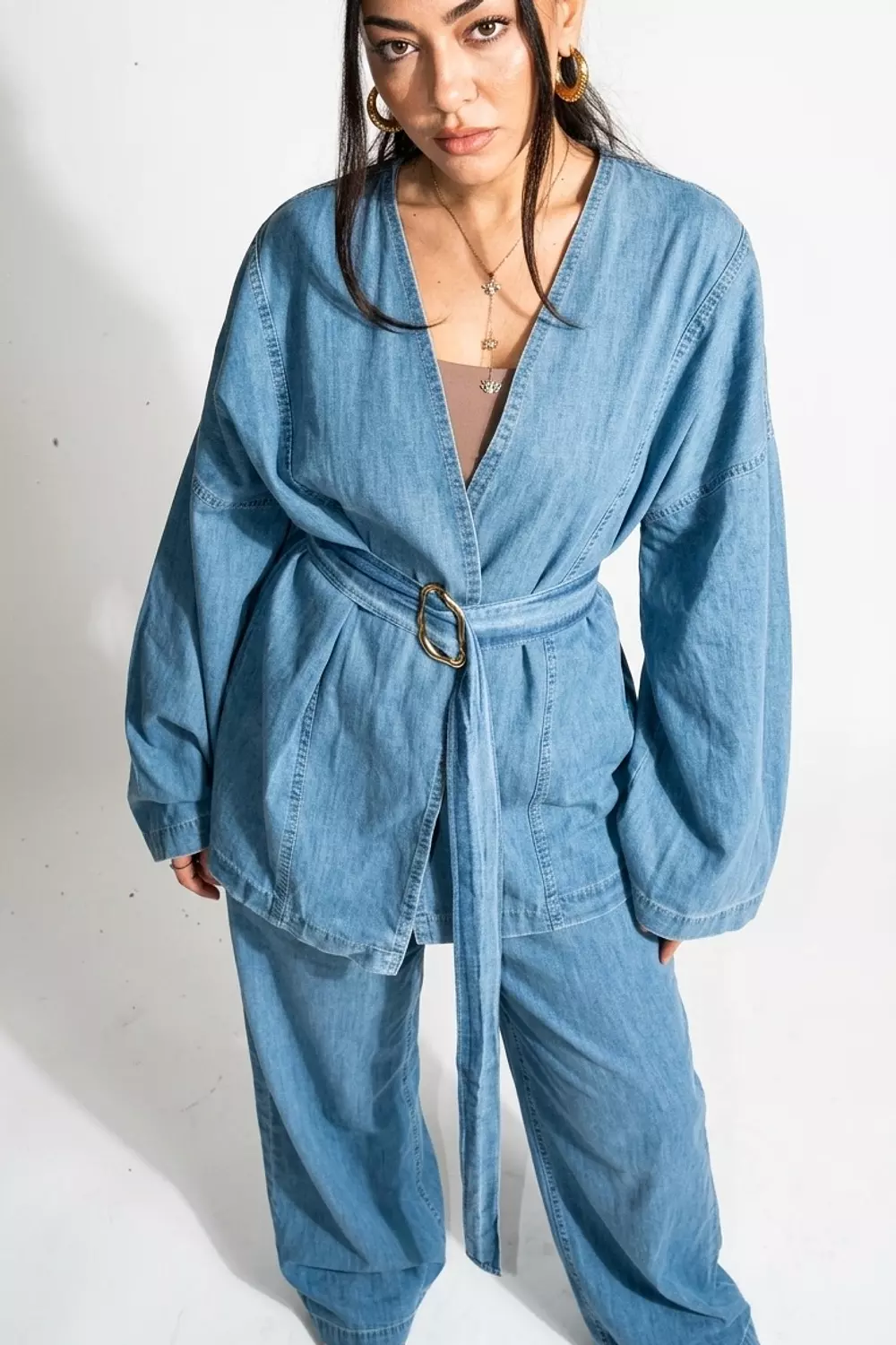 Summer Denim Kimono Set with Batwing Sleeves & Wide-Leg Pants 1