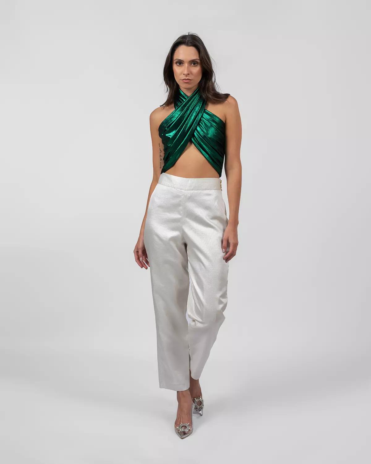 Shimmery white silk brocade trousers  5