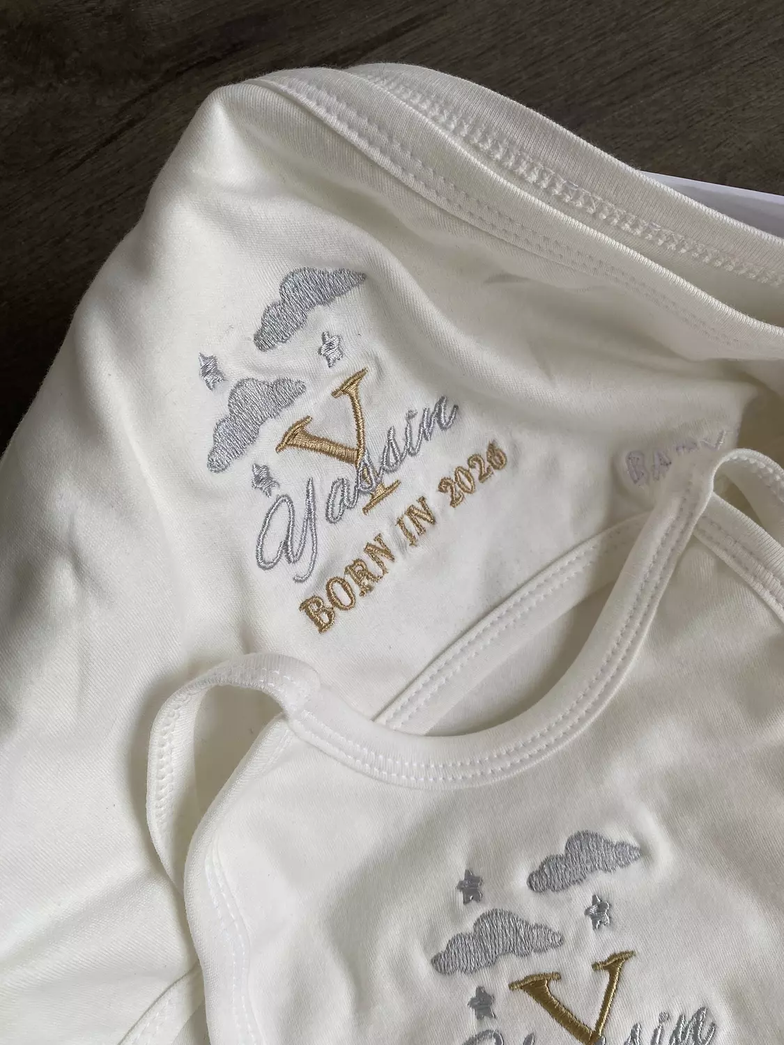 Gold With Silver Letter +Name + Date with Clouds and Stars  Embroidery Design  4