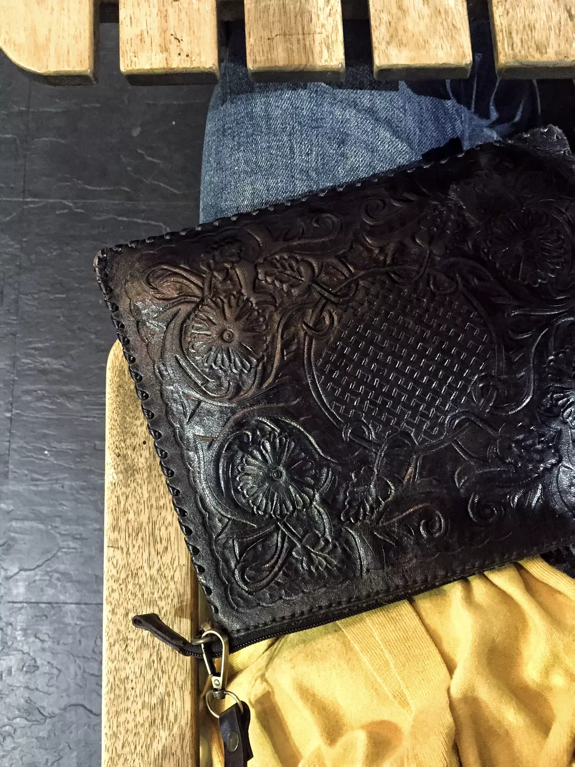 Floral basket tooled leather clutch 3