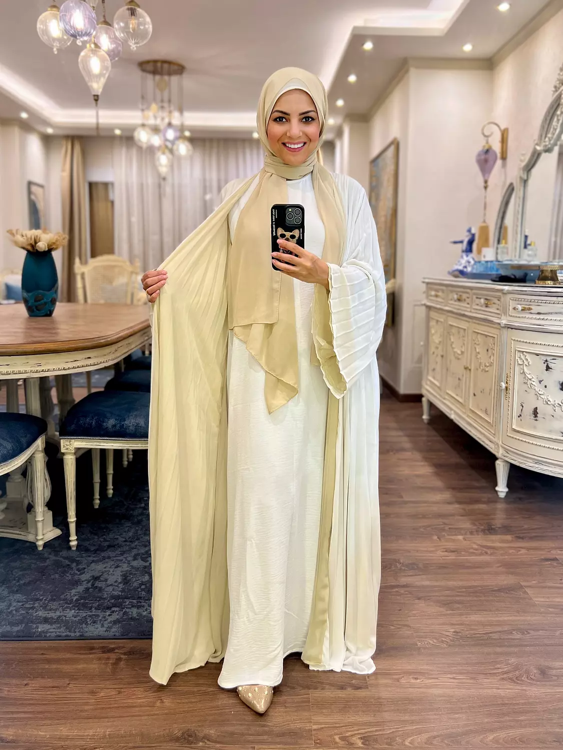 Double-faced Pleated Open Abaya- Off White & Beige