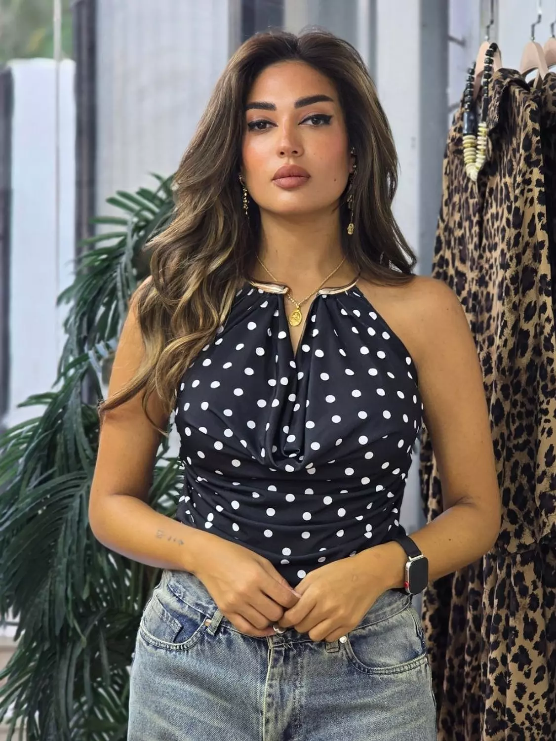 Black polka top with gold choker image