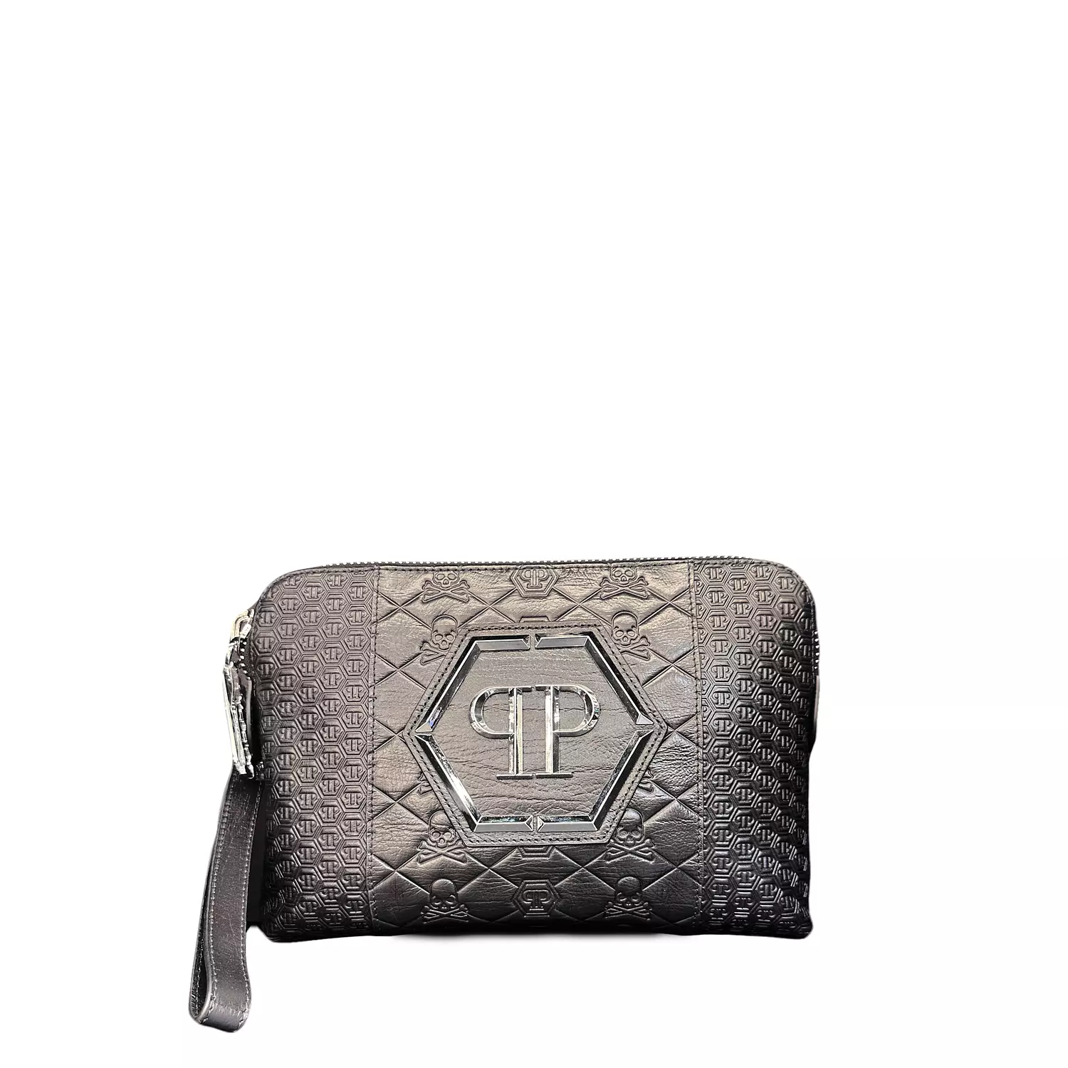 Philipp Plein clutch bag featuring a prominent metallic hexagon logo image