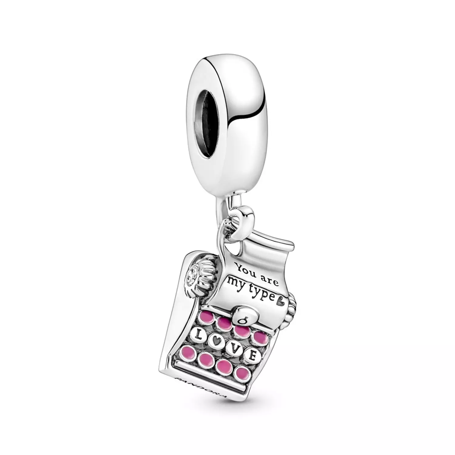 Typewriter sterling silver dangle with clear cubic zirconia and ibis rose enamel
