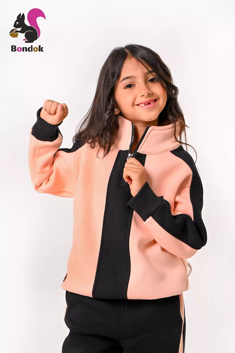 BONDOK Girls’ Winter Black-Strip Tracksuit – High-Neck Half-Zip Sweatshirt & Joggers Set  – Cozy Melton Fleece, Ages 4–14 15