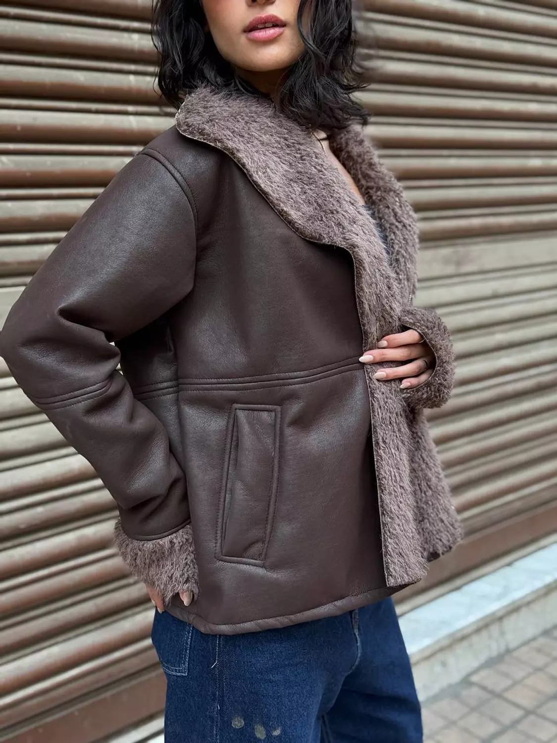 Leather jacket lined with fur image