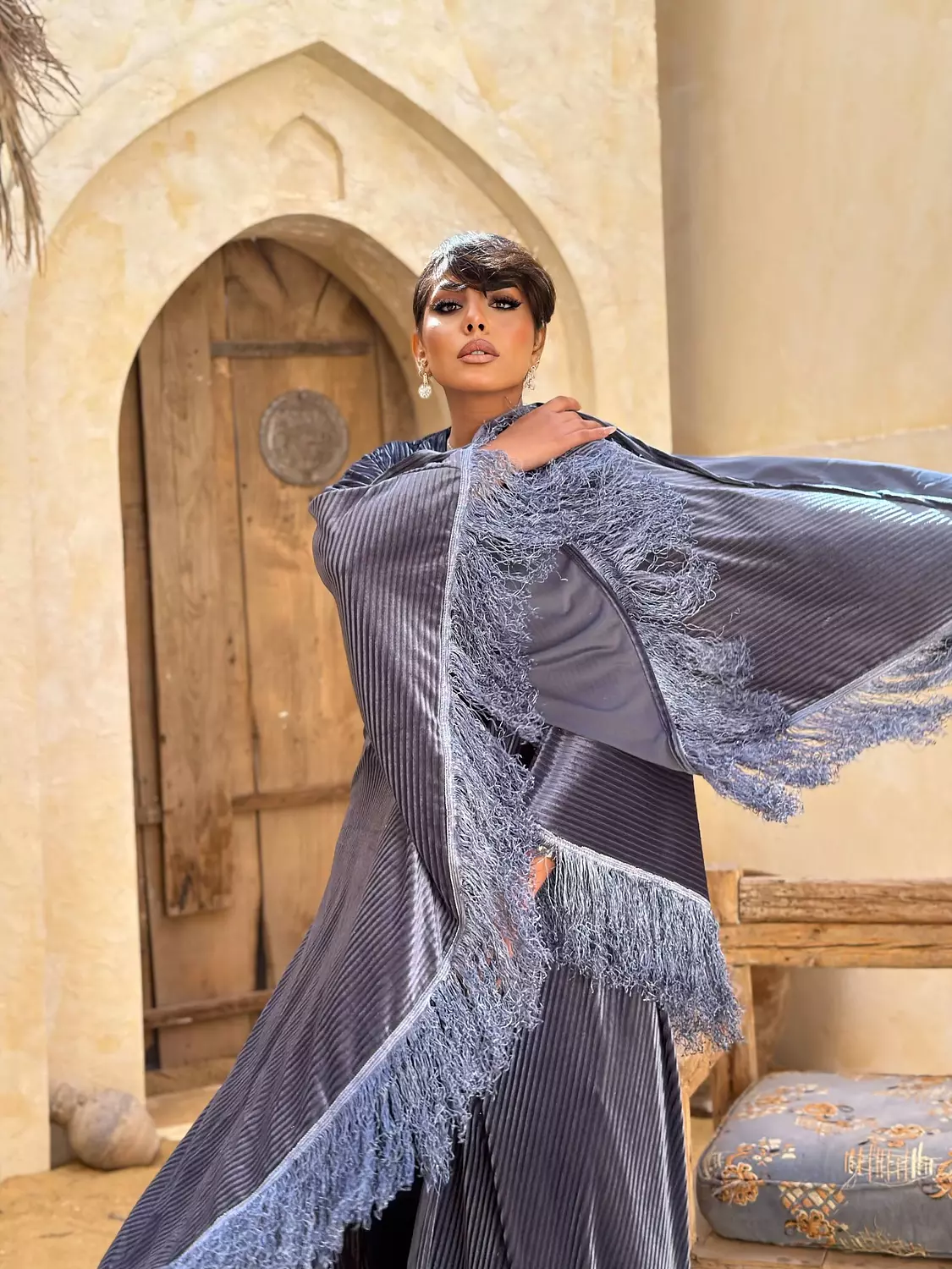 Plissé Fringed Kuftan In Grey 1