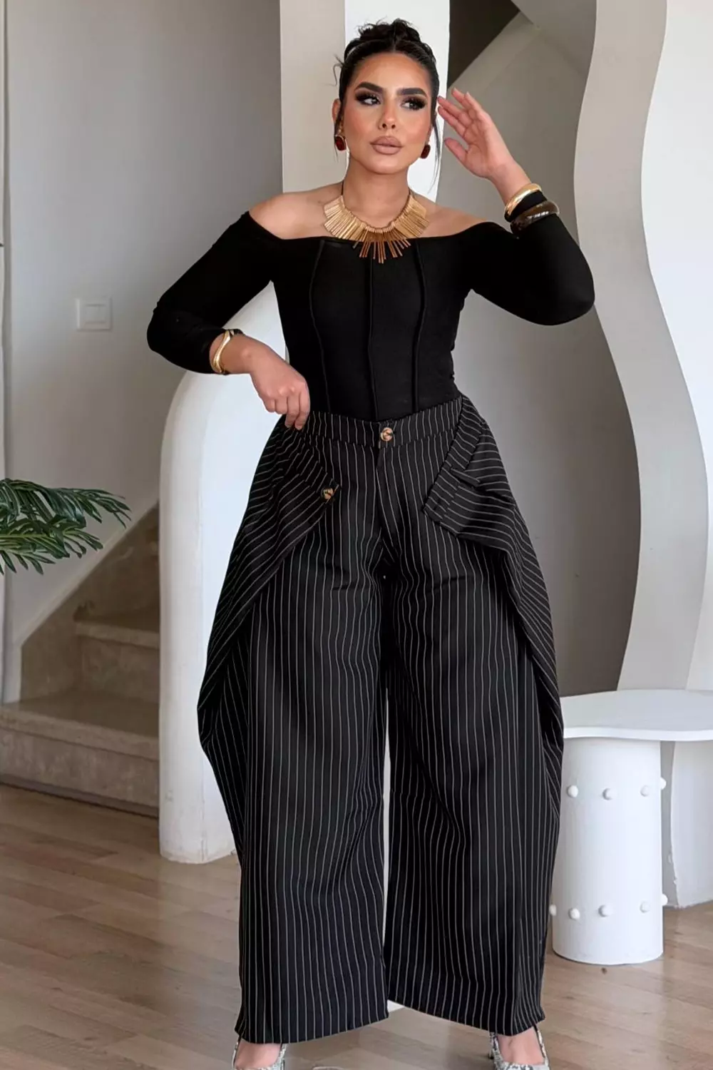 Pinstripe Extra Wide-Leg Trousers with Draped Front 12