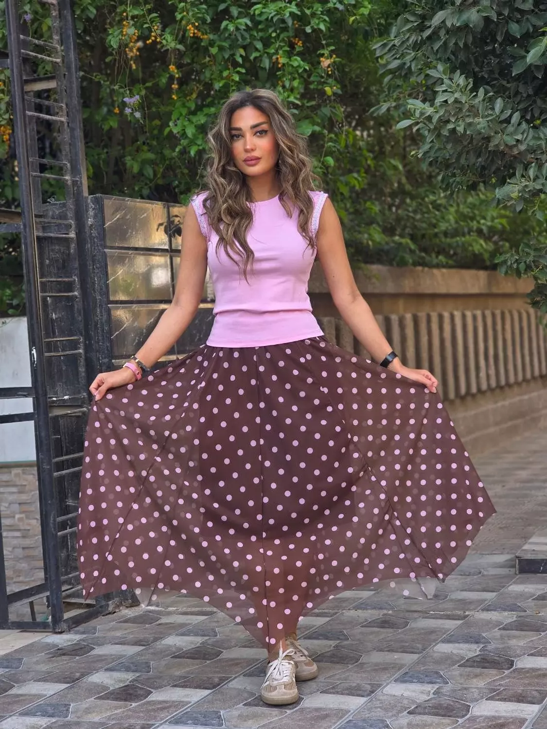 Brown polka dot skirt hover image