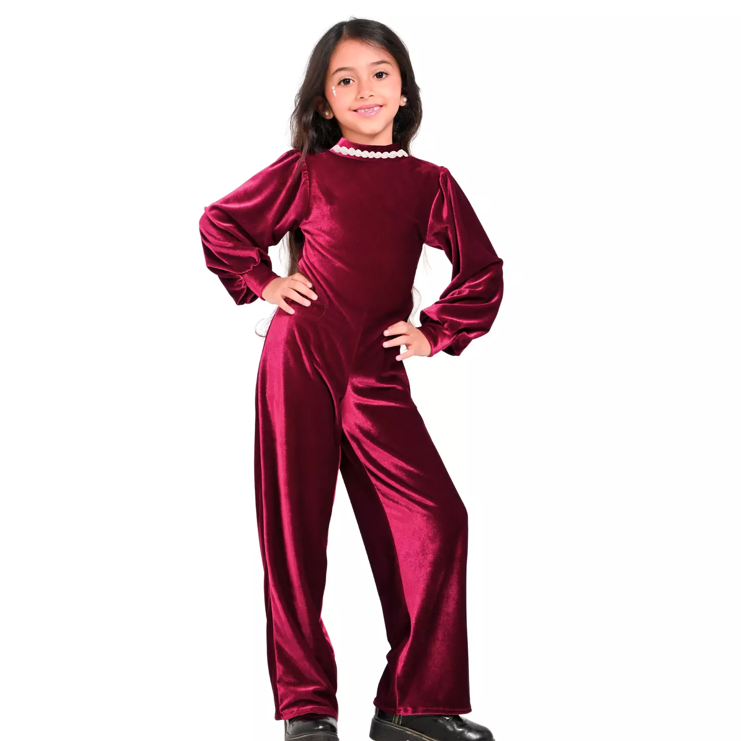 Girls Velvet Jumpsuit with Puff Sleeves and Pearl Collar Detail 7