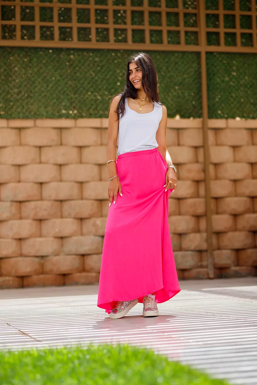 Pink maxi satin skirt  hover image