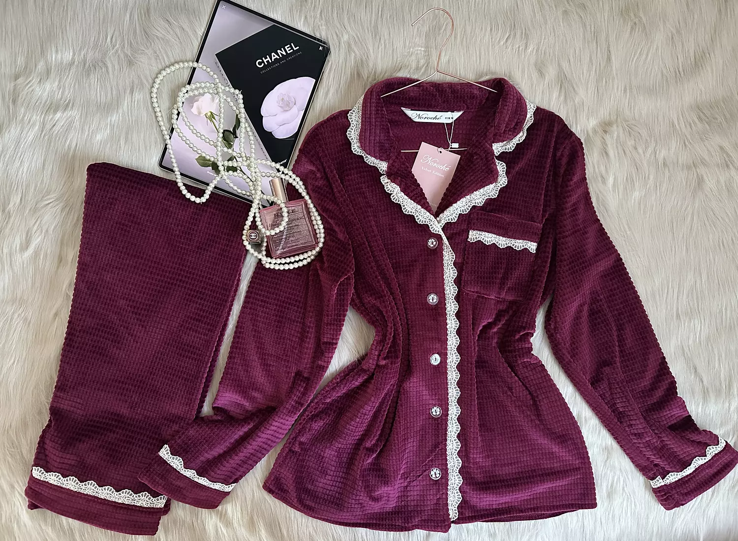 Velvet Burgundy Waffle Jacquard Pajamas image
