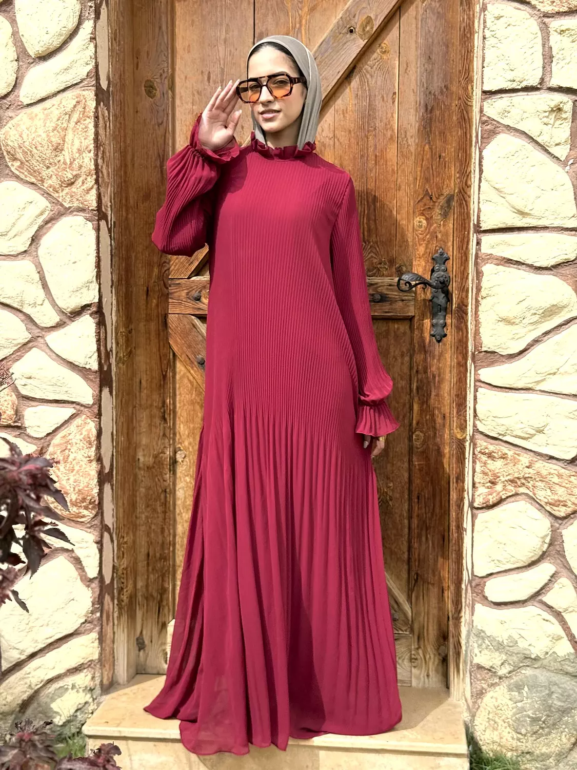 Chiffon Pleated Dress | Burgundy hover image