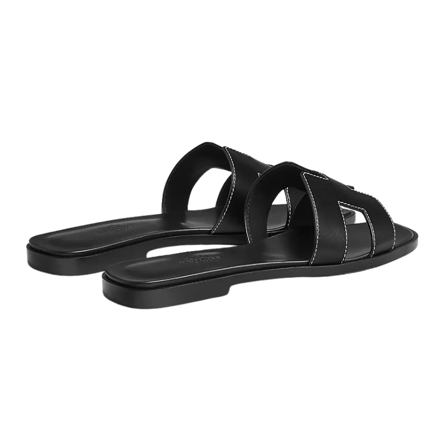 Hermes Oran Sandal Black Calfskin – White Top Stitch Flat Shoes 2