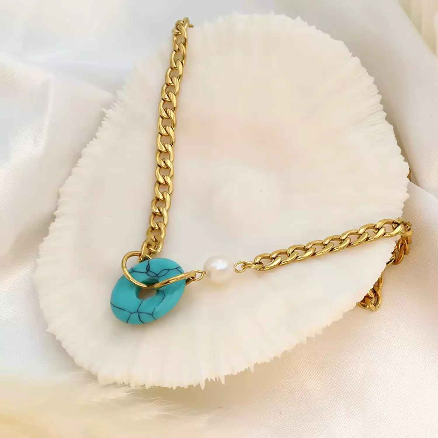 Fresh water pearl with natural turquoise stone necklace  3