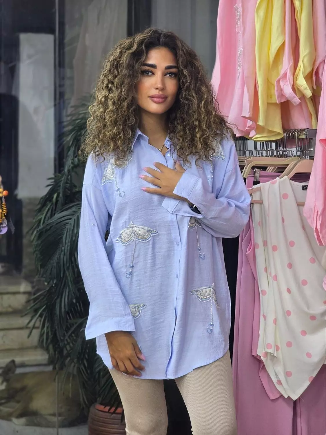 Baby blue Umbrella embroidered linen shirt 🌂  image