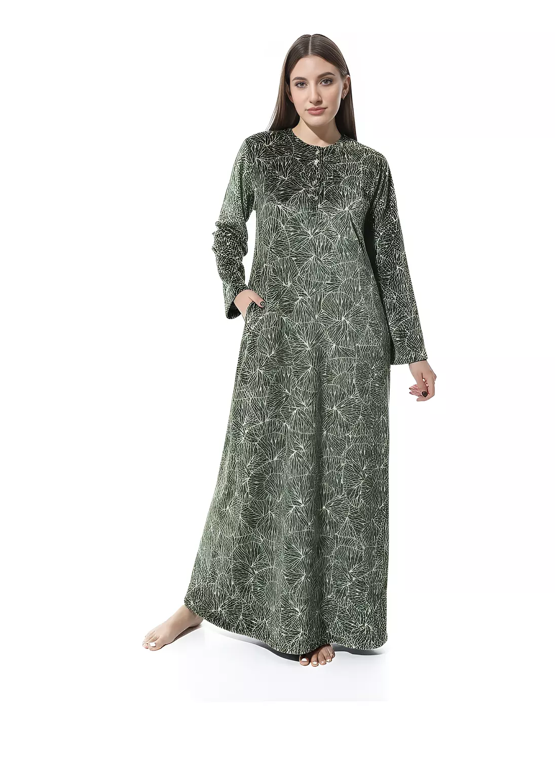 Shorto Women's Fleece Circle Leaves Printed Nightgown - 2649 - Dark Green image
