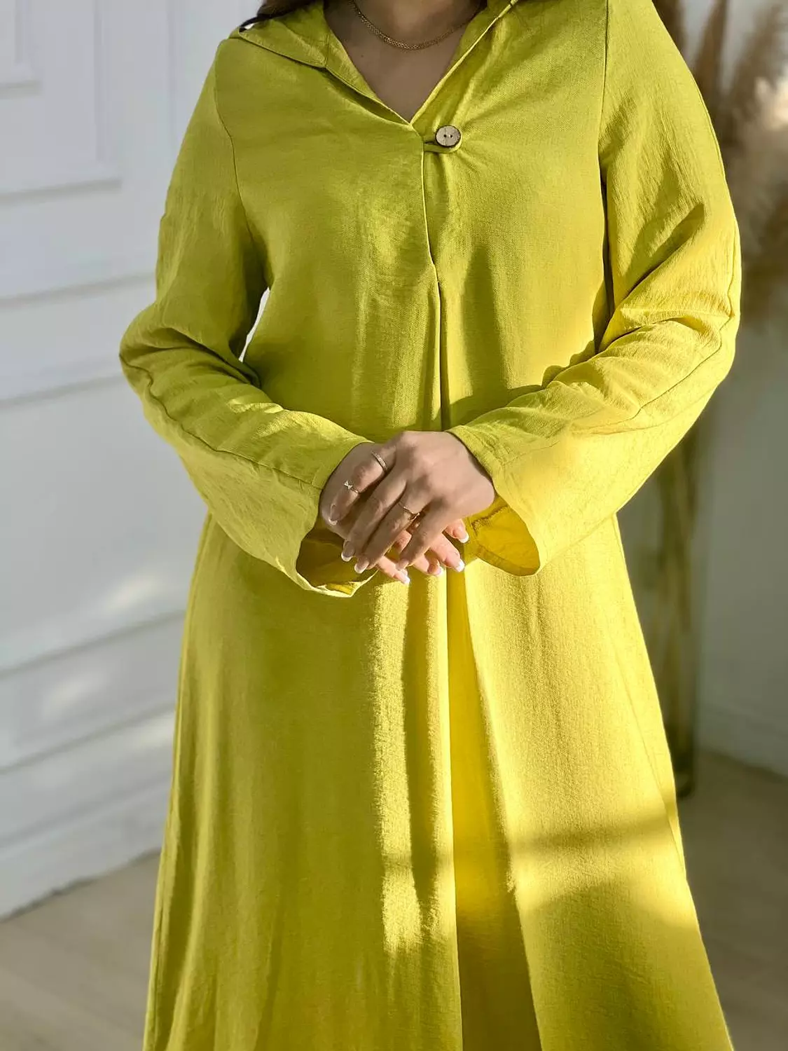 Buttoned Linen Kaftan Dress - Yellow image