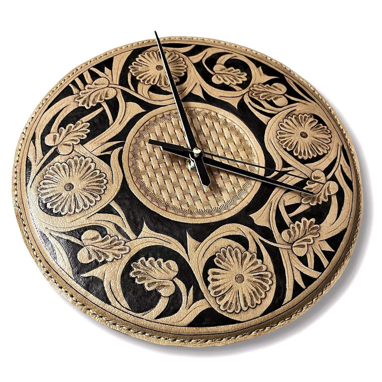Tooled floral basket leather wall clock 2