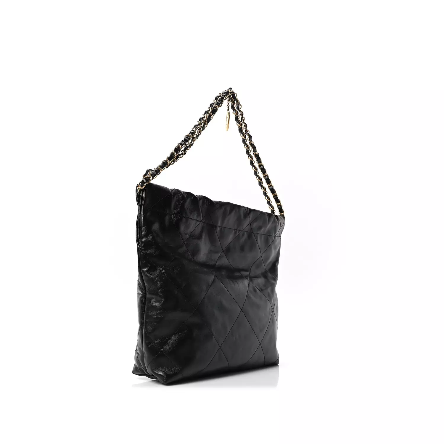 Chanel Shiny Calfskin Quilted Small Chanel 22 Bag in black.  2
