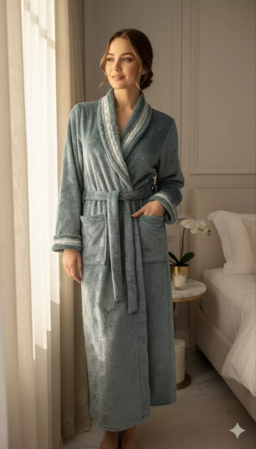 Frosted Petrol Embossed Lace Winter Robe 4