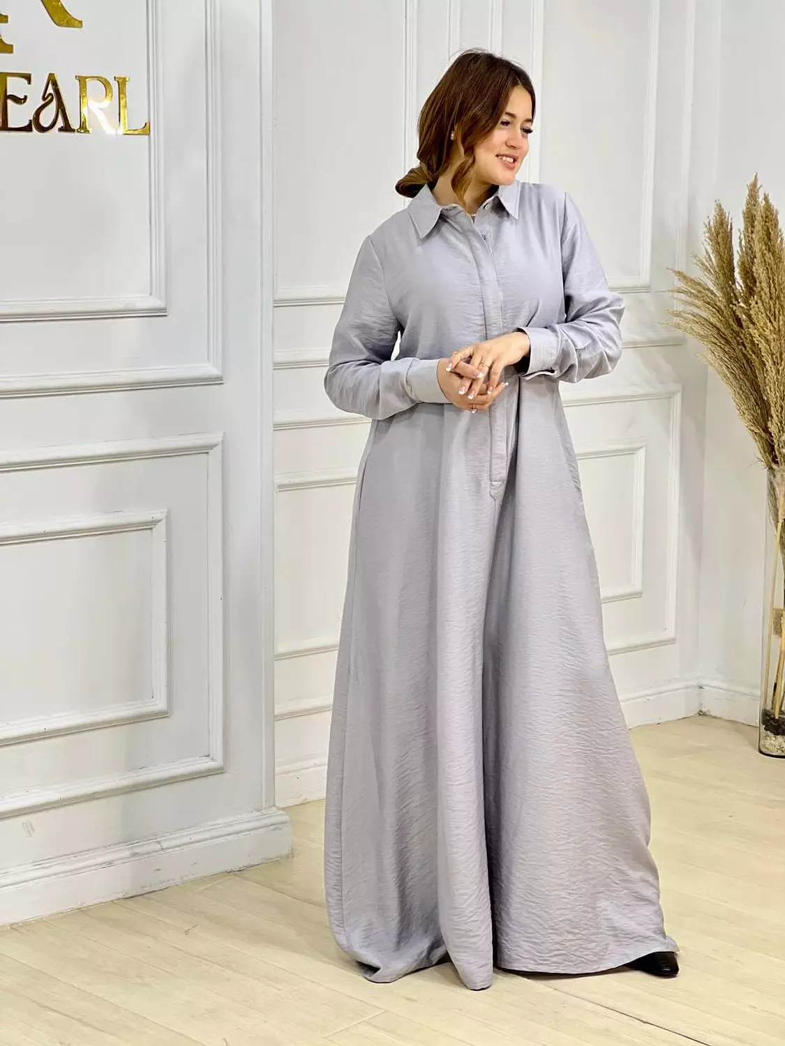 Wide Leg Linen Jumpsuit with Long Sleeves- Gray image